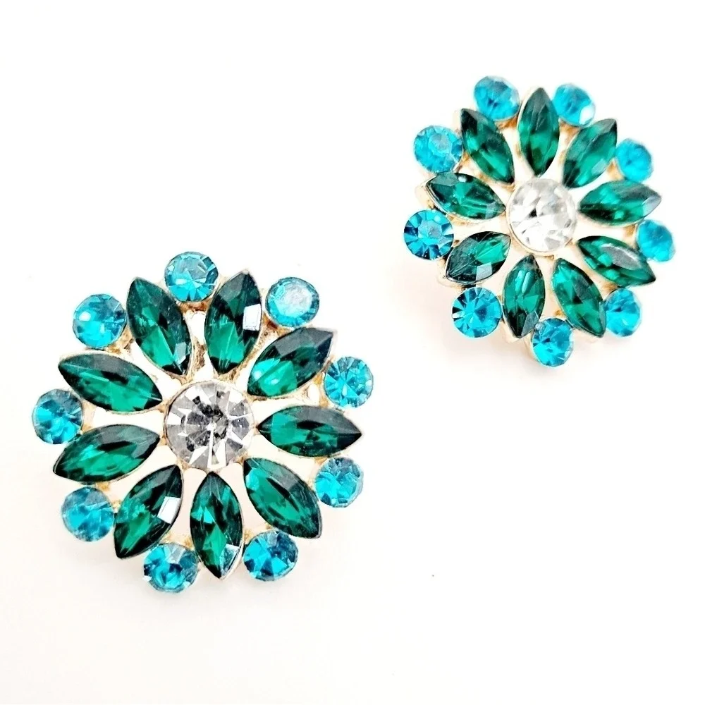 Green Turquoise Rhinestone Cluster Flower Statement Stud Earrings formal prom 💖
